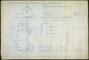 Wilson, Norman Frank, 1901-1973 :Saint John's Church Featherston. Working drawings. Cross section AA; longitudinal section on CL looking South; plan at lower level; plan at upper level; roof plan. Oct. 1960.