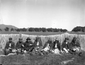 Employees of J J Bourke and flax fibre, Miramar, Wellington