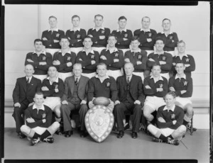 Rugby union representative team, with the Ranfurly Shield, Wellington, 1953