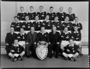 Rugby union representative team, with the Ranfurly Shield, Wellington, 1953