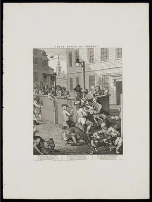 Hogarth, William, 1697-1764 :[The four stages of cruelty]. First stage of cruelty. Design'd by W Hogarth. Publish'd according to Act of Parliament Feb 1 1751. Price 1s.