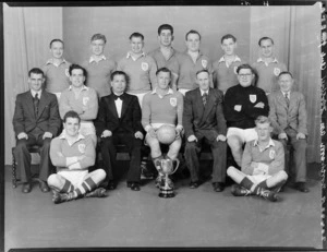 Northern Association Football Club, junior E 2nd division soccer team, with cup, 1953