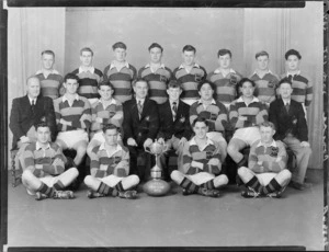 Poneke Football Club, 3rd grade rugby union team, with cup, 1953
