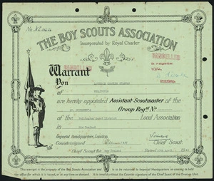 Boy Scouts Association :Warrant. You, Lawrence Charles Staffan are hereby appointed Assistant Scoutmaster of the St Cuthbert's Group ... of the Wellington Scout District Local Association in New Zealand ... 10 April 1942. Straker Brothers Ltd, 194-200 Bishopsgate, London.