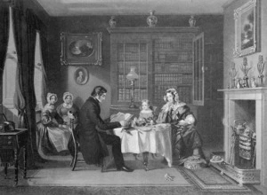Artist unknown :Morning Prayer, a steel engraving of a Victorian breakfast room in England by an unidentified artist