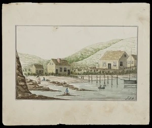Wynyard, Robert Henry, 1802-1864 :[Auckland foreshore, Official Bay, with houses and figures. ca 1848]