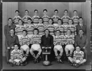 Marist Brothers Old Boys, Hutt Valley, 1954 senior rugby league team, with cup