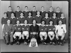 South Island Police, 1954 representative rugby union team, with shield and trophy