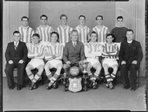 Marist Brothers Old Boys' Association Football Club, 1954 senior 3rd grade soccer team, with shield and cups
