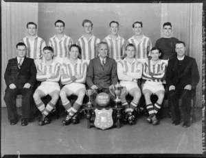 Marist Brothers Old Boys' Association Football Club, 1954 senior 3rd grade soccer team, with shield and cups