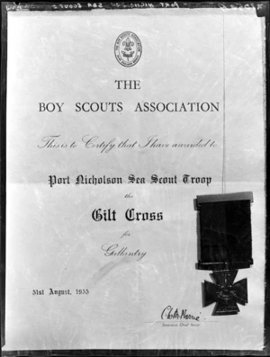 Boy Scouts Association certificate and medal for the Port Nicholson Sea Scout Troop