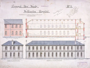 Clere Fitzgerald & Richmond :Proposed new wards Wellington Hospital. Wards 5 & 6. March 1893. [Prepared by] F. de J. Clere, E. T. Richmond, and J. S. Swan