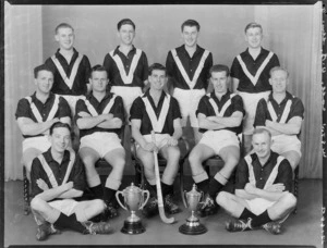 Wellington College old boys 1954 senior A hockey team with trophies