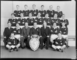 Rugby union representative team, with the Ranfurly Shield, Wellington, 1953