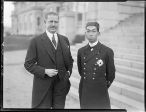 New Zealand Prime Minister Joseph Gordon Coates, with officer from a visiting Japanese fleet, Parliament steps, Wellington
