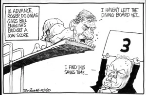 In advance, Roger Douglas gives Bill English's budget a low score. "I haven't left the diving board yet..." "I find this saves time..." 20 May 2010
