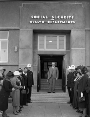 Michael Joseph Savage opening the Social Security Building, Aotea Quay, Wellington
