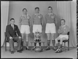 Onslow Rugby Football Club, four unidentified players, [coach?] and trophy, 1962