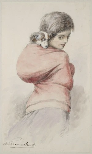 Strutt, William, 1825-1915 :[Maori girl carrying a dog. 1855 or 1856]