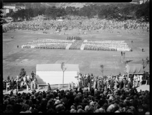 People forming a Union Jack flag, at Newtown Park, Wellington, during the tour of the Duke and Duchess of York