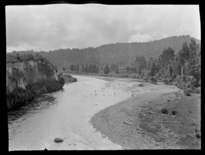 River scene, including cliff, hills and trees, Kakahi, Manawatu-Whanganui