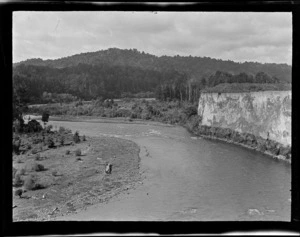 View of the Whanganui River with forest covered hills beyond near the settlement of Kakahi, Manawatu-Whanganui Region
