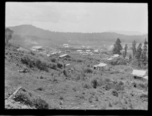 The settlement of Kakahi with sawmill and rail bridge surrounded by houses with forest covered hills beyond, Manawatu-Whanganui Region