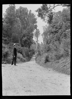 An unidentified young man standing on an unknown forest logging access road, Kakahi District, Manawatu-Whanganui Region