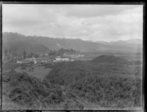 The settlement of Kakahi with sawmill, houses and the Whanganui River surrounded by forest covered hills, Manawatu-Whanganui Region