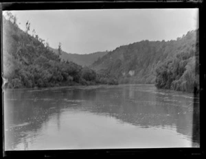 View off a boat on the Whanganui River with forest covered river banks and hills beyond