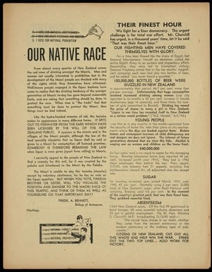 [New Zealand Alliance?] :Our native race; liquor in the King Country; protect the Maori race. [1943].