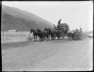 Horse drawn coach, pulled up beside white picket fence, including passengers about to board, [Marlborough / Nelson District]
