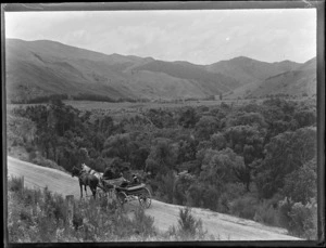 People on horse and cart, including view of valley, probably Silverstream of Kowhai Bush, Otago region, South Island