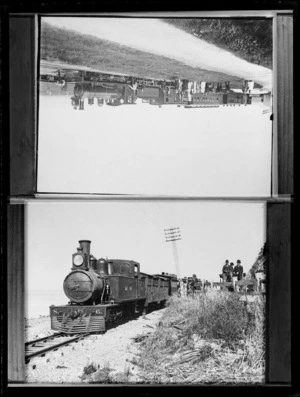 People standing next to locomotive steam engine, location unknown