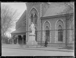Lydia Williams, next to the statue of William Rolleston with the Canterbury Museum behind, Christchurch