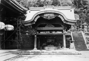View of the building containing the water basin, Ni-gwatsu-do Buddhist Temple, Nara, Japan