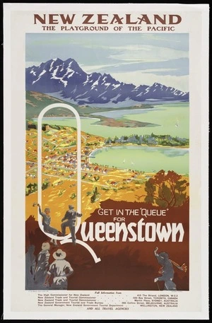 [New Zealand Railways. Publicity Branch]: New Zealand, the playground of the Pacific. Get in the "queue" for Queenstown. C M Banks Ltd, Litho, Wn. / Railway Studio [ca 1934]
