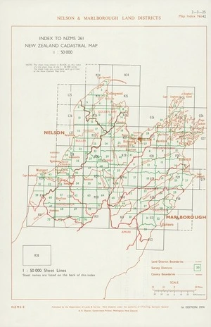Index to NZMS 261 New Zealand cadastral map 1:50 000. Nelson & Marlborough Land Districts [electronic resource].