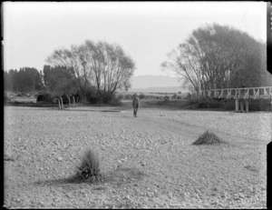 View of unidentified man standing on the shingle river bank by a bridge with popular trees, location unknown, [South Island]