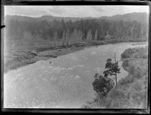 View of the Whanganui River with milled logs being deposited on the river bank prior to being floated downstream to the sawmill at Kakahi, Manawatu- Whanganui Region