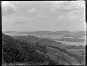 View of Otago harbour and peninsula, showing Port Chalmers settlement, (centre) and Goat/Rakiriri Island