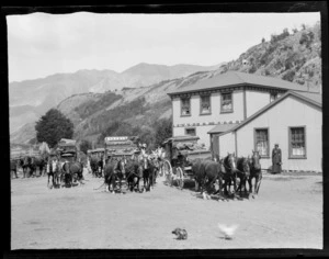 Horse and coaches at Glacier Hotel, Bealey, West Coast region
