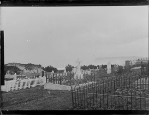 Cemetery at Andersons Bay, Dunedin, Otago Region, showing beach in background