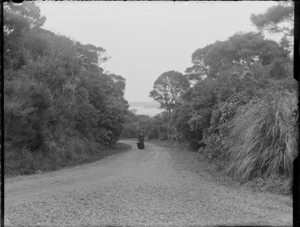 Unidentified woman walking up a road with a view over Auckland harbour