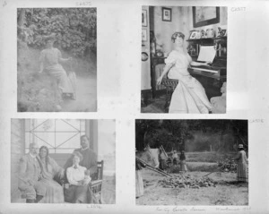 Mabsie Hislop; unidentified woman at piano; Mabsie Hislop with others at Waikanae; Maori roasting karaka berries