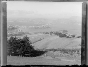 View across farmland showing Port Chalmers, Goat Island (Rakiriri), Quarantine Island (Kamau Taurua), Otago peninsula and harbour
