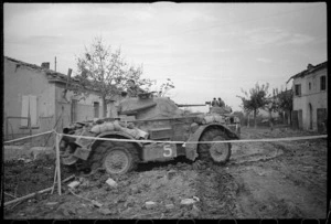 World War 2 New Zealand armoured car in the frontline town of San Georgio, Italy