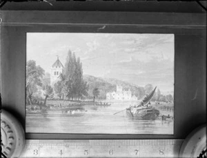 Copy photograph of a print showing a country scene, with people on barges, a church and a mansion, by an unknown artist, ruler is underneath image and it was taken during Williams' European trip