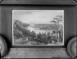 Copy photograph of a print of an [English?] countryside with people overlooking an unknown river, by [W Taylor & Co?], also showing ruler under print and taken during Williams' European trip