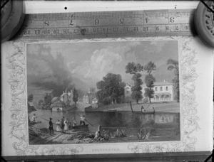 Copy photograph of an engraving by steel engraver [H Winklas d'apre?] of the English village of Shepperton and people in rowboats, ruler is underneath image and it was taken during Williams' European trip